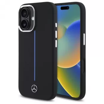 Mercedes-Benz MEHMP16S23SUMBK iPhone 16 6,1 inch zwarte siliconen hardcase met blauwe streep MagSafe