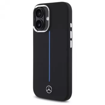 Mercedes-Benz MEHMP16S23SUMBK iPhone 16 6,1 inch zwarte siliconen hardcase met blauwe streep MagSafe