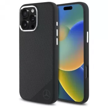 Mercedes-Benz iPhone 16 Pro 6,3 inch Siliconen hardcase met Tonal-logo en houtmotief, MagSafe - Zwart