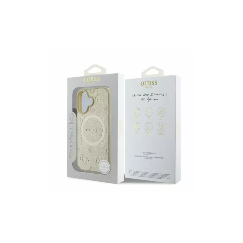 Guess Saffiano Peony Classic Logo MagSafe case voor iPhone 16 (goud)