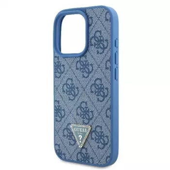 Guess GUHCP16LP4TDSCPB iPhone 16 Pro 6,3 inch blauwe leren hardcase met metaallogo, strassteentjes en schouderriem