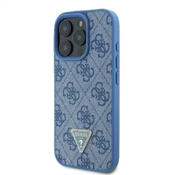 Guess GUHCP16LP4TDSCPB iPhone 16 Pro 6,3 inch blauwe leren hardcase met metaallogo, strassteentjes en schouderriem