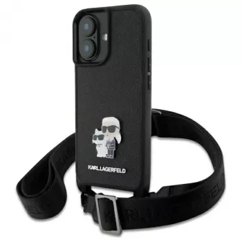 Karl Lagerfeld Saffiano Karl & Choupette Metal Pin CBDY Strap hard case voor iPhone 16 6.1, zwart