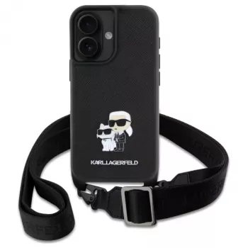 Karl Lagerfeld Saffiano Karl & Choupette Metal Pin CBDY Strap hard case voor iPhone 16 6.1, zwart