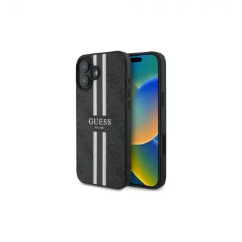 Guess GUHMP16SP4RPSK iPhone 16 6.1 inch hardcase zwart 4G Printed Stripes MagSafe