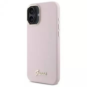 Guess GUHCP16SSMBSLP iPhone 16 6,1 inch roze silicone hardcase met Script metalen logo en frame