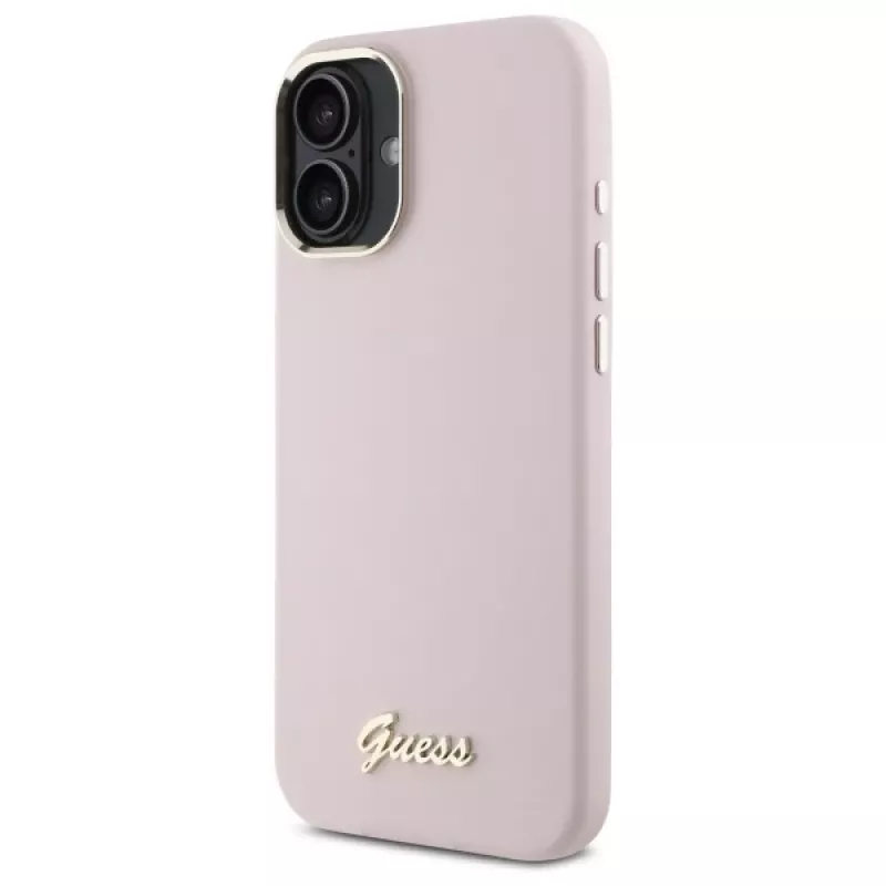 Guess GUHCP16SSMBSLP iPhone 16 6,1 inch roze silicone hardcase met Script metalen logo en frame