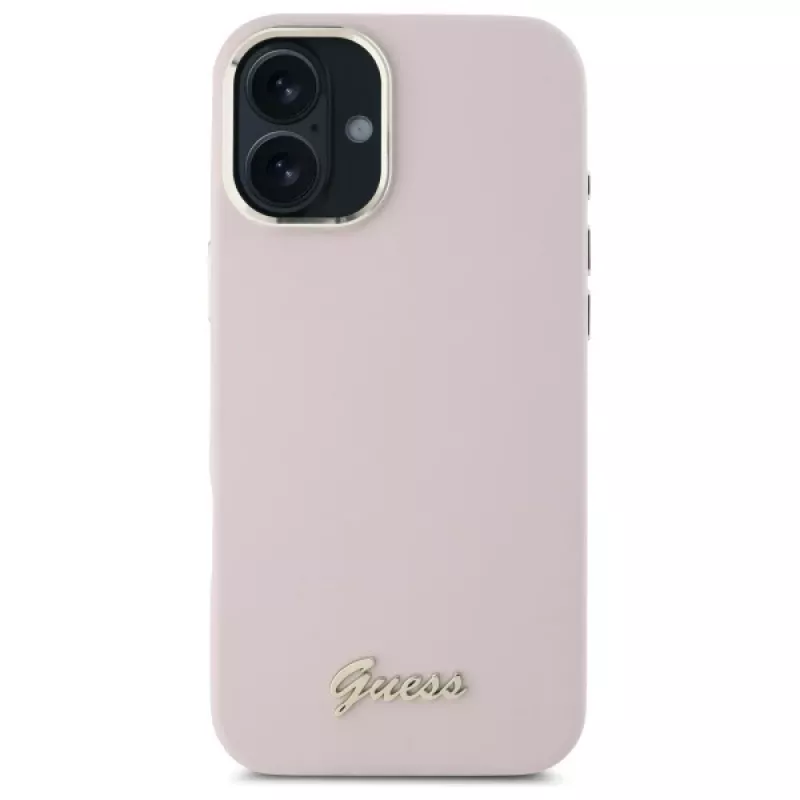 Guess GUHCP16SSMBSLP iPhone 16 6,1 inch roze silicone hardcase met Script metalen logo en frame