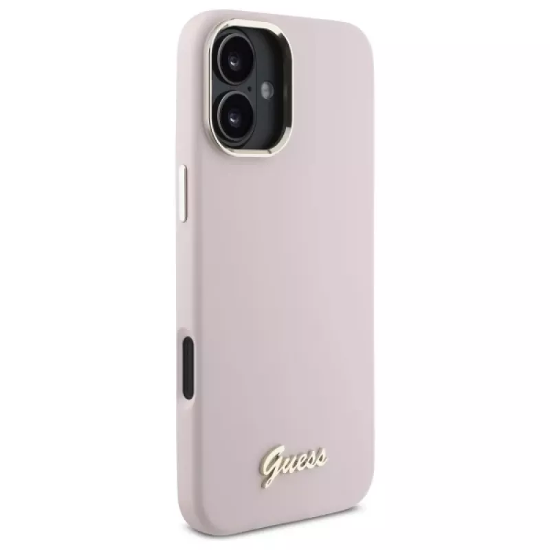 Guess GUHCP16SSMBSLP iPhone 16 6,1 inch roze silicone hardcase met Script metalen logo en frame