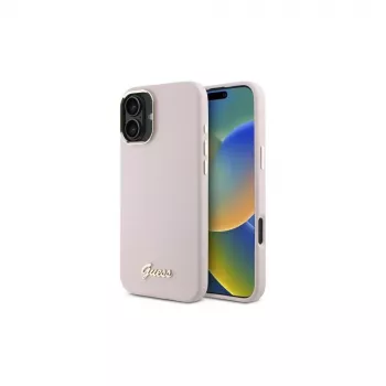 Guess GUHCP16MSMBSLP iPhone 16 Plus 6,7 inch roze silicone hardcase met Script metalen logo en frame