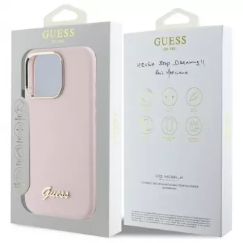 Guess GUHCP16LSMBSLP iPhone 16 Pro 6,3 inch roze silicone hardcase met Script metalen logo & frame