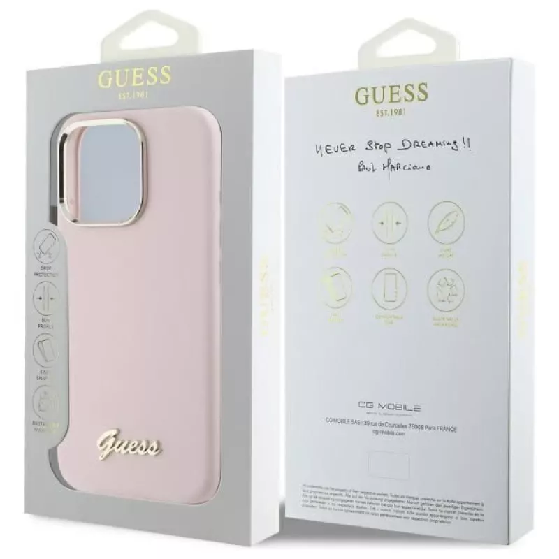Guess GUHCP16LSMBSLP iPhone 16 Pro 6,3 inch roze silicone hardcase met Script metalen logo & frame