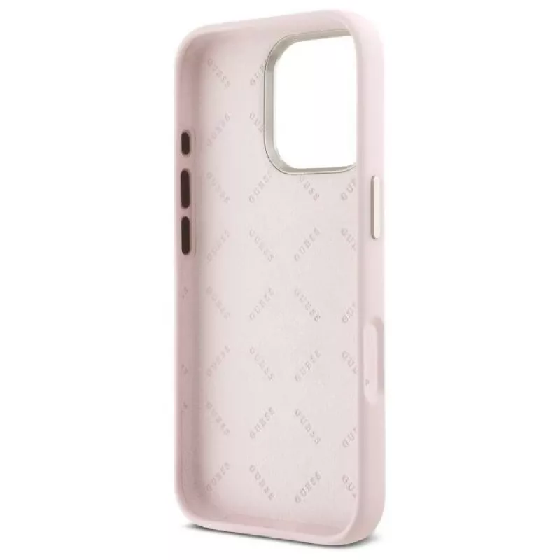 Guess GUHCP16LSMBSLP iPhone 16 Pro 6,3 inch roze silicone hardcase met Script metalen logo & frame