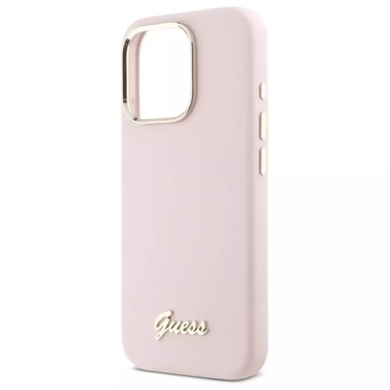 Guess GUHCP16LSMBSLP iPhone 16 Pro 6,3 inch roze silicone hardcase met Script metalen logo & frame
