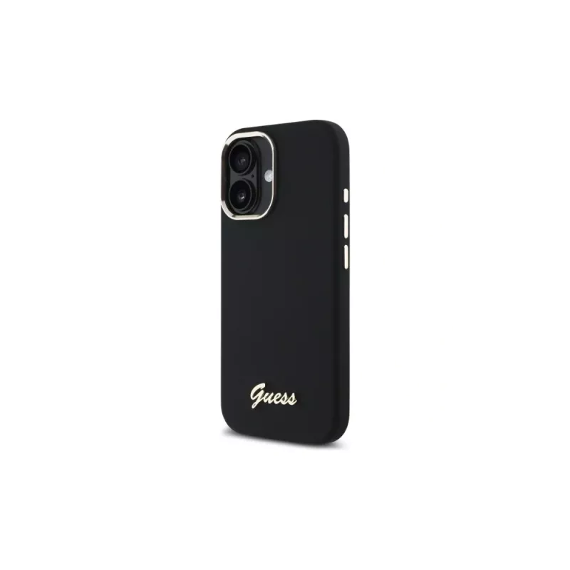 Guess GUHCP16SSMBSLK iPhone 16 6,1 inch zwarte silicone hoes met metalen scriptlogo en frame