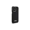 Guess GUHCP16SSMBSLK iPhone 16 6,1 inch zwarte silicone hoes met metalen scriptlogo en frame