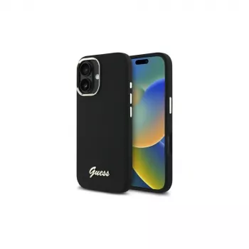 Guess GUHCP16MSMBSLK Silicone Script Metal Logo & Frame hardcase voor Apple iPhone 16 Plus 6,7 inch - zwart