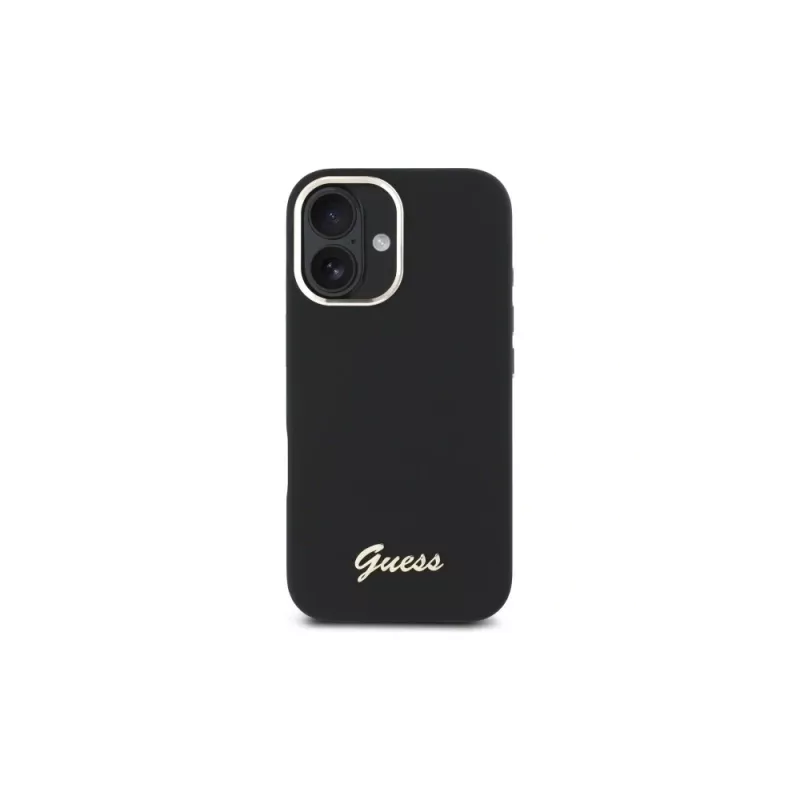 Guess GUHCP16MSMBSLK Silicone Script Metal Logo & Frame hardcase voor Apple iPhone 16 Plus 6,7 inch - zwart