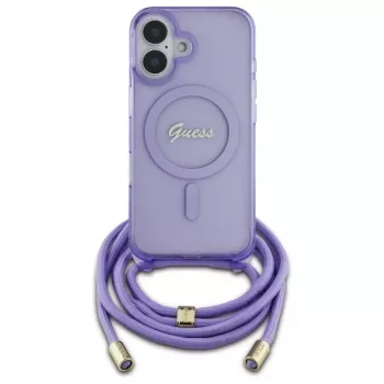 Guess GUHMP16SHCTSGNSU iPhone 16 6,1 inch paarse hardcase crossbody koord Script MagSafe