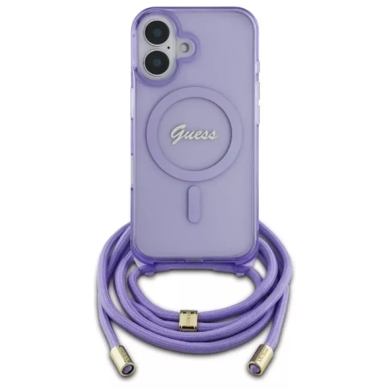 Guess GUHMP16SHCTSGNSU iPhone 16 6,1 inch paarse hardcase crossbody koord Script MagSafe