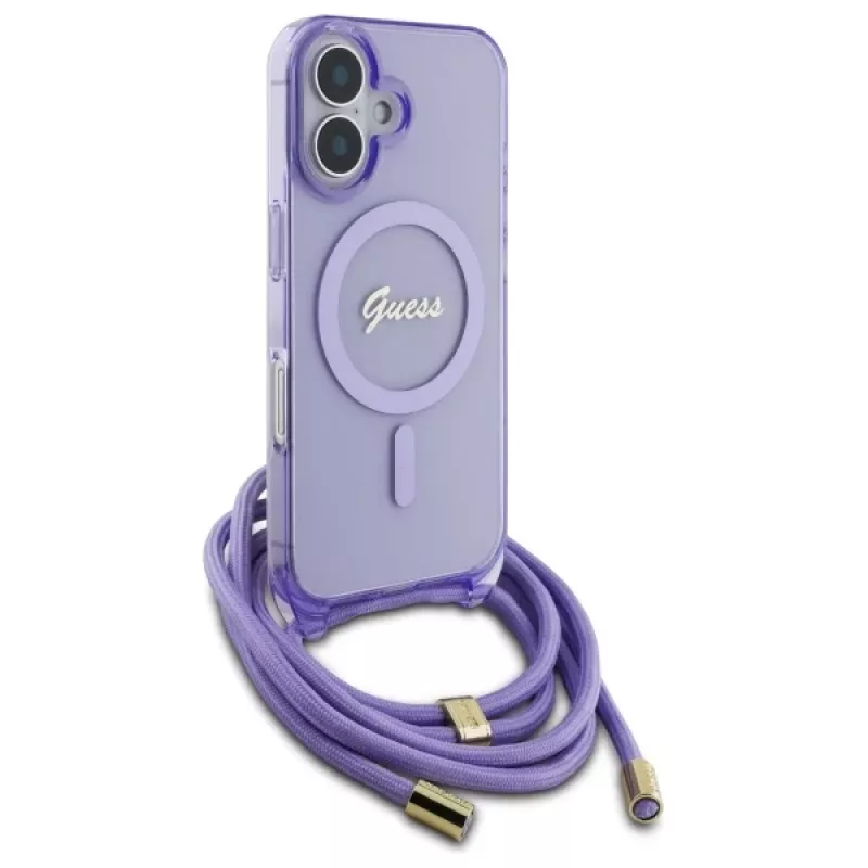 Guess GUHMP16SHCTSGNSU iPhone 16 6,1 inch paarse hardcase crossbody koord Script MagSafe