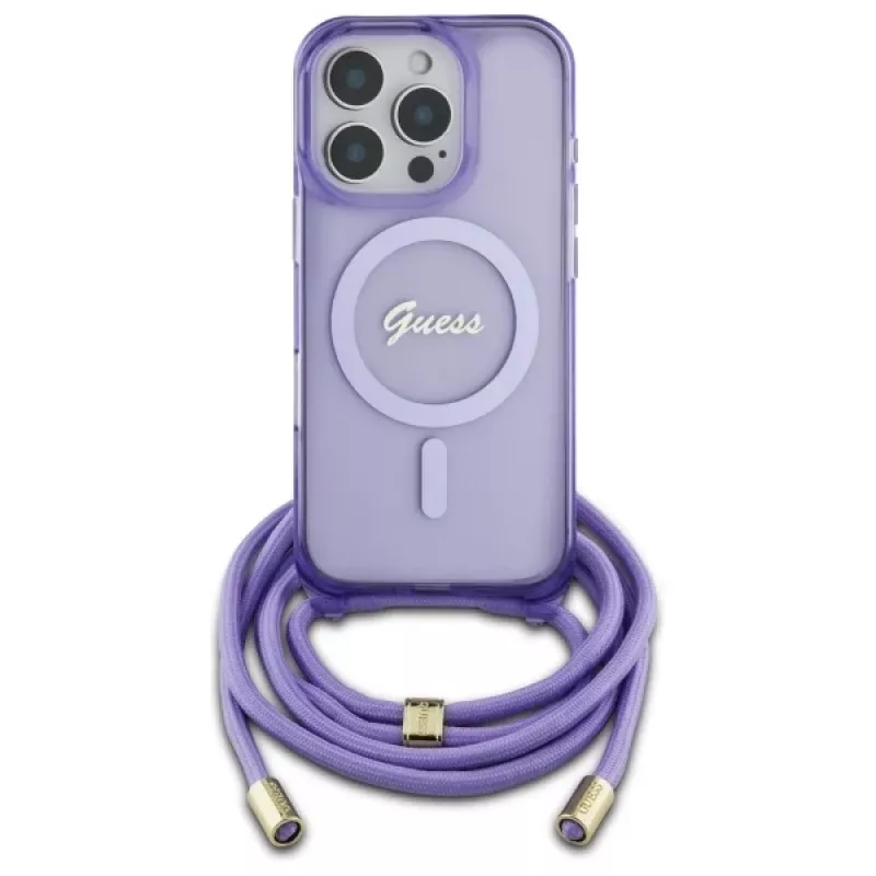Guess GUHMP16LHCTSGNSU iPhone 16 Pro 6,3 inch paarse hardcase crossbody koord Script MagSafe