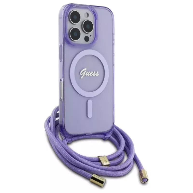 Guess GUHMP16LHCTSGNSU iPhone 16 Pro 6,3 inch paarse hardcase crossbody koord Script MagSafe