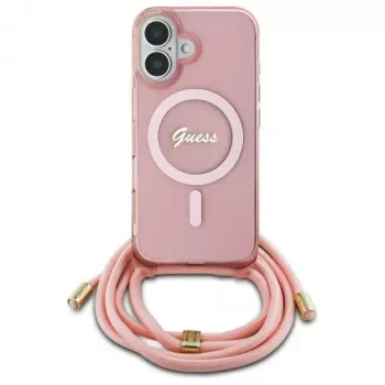 Guess GUHMP16SHCTSGNSP iPhone 16 6,1 inch roze hardcase crossbody koord Script MagSafe