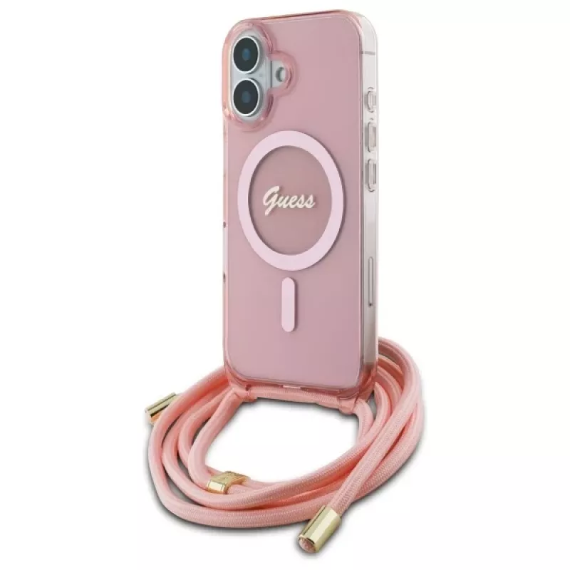Guess GUHMP16SHCTSGNSP iPhone 16 6,1 inch roze hardcase crossbody koord Script MagSafe