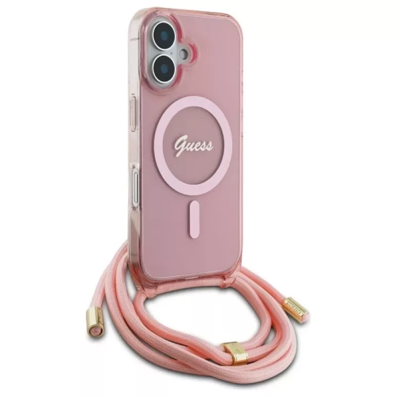 Guess GUHMP16SHCTSGNSP iPhone 16 6,1 inch roze hardcase crossbody koord Script MagSafe