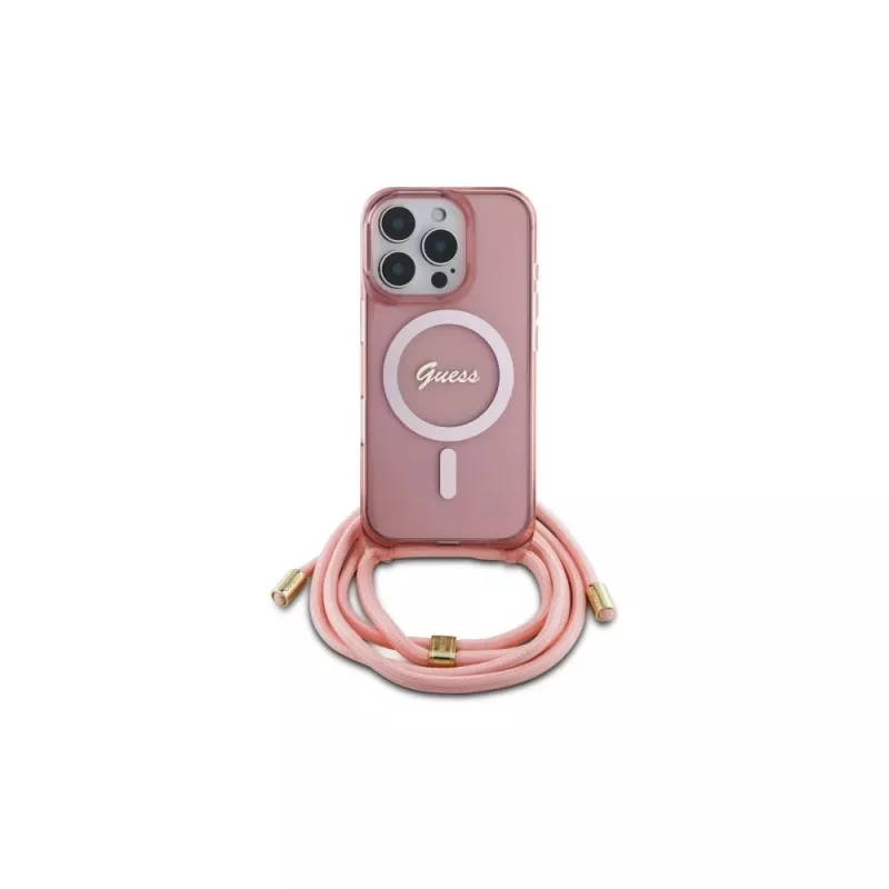 Guess GUHMP16LHCTSGNSP iPhone 16 Pro 6,3 inch roze hardcase crossbody koord Script MagSafe