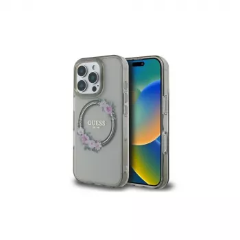 Guess GUHMP16LHFWFCK iPhone 16 Pro hardcase IML Flowers Wreath MagSafe zwart