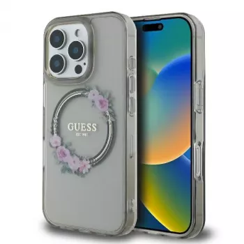 Guess GUHMP16XHFWFCK iPhone 16 Pro Max 6.9 zwarte hardcase IML Flowers Wreath MagSafe