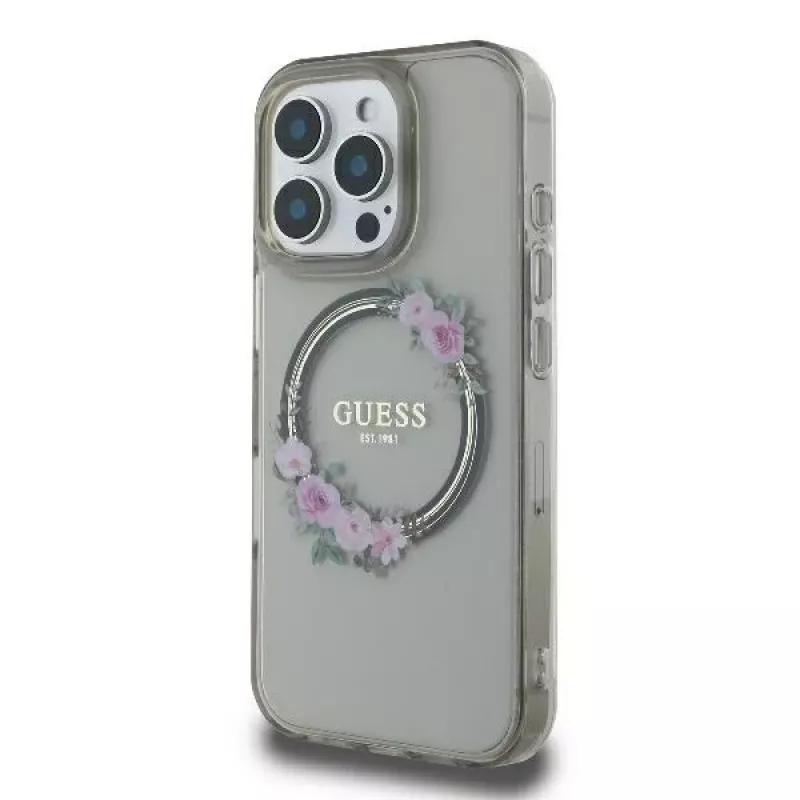 Guess GUHMP16XHFWFCK iPhone 16 Pro Max 6.9 zwarte hardcase IML Flowers Wreath MagSafe