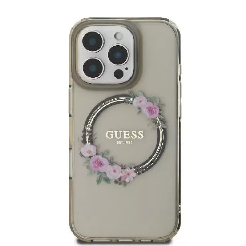 Guess GUHMP16XHFWFCK iPhone 16 Pro Max 6.9 zwarte hardcase IML Flowers Wreath MagSafe