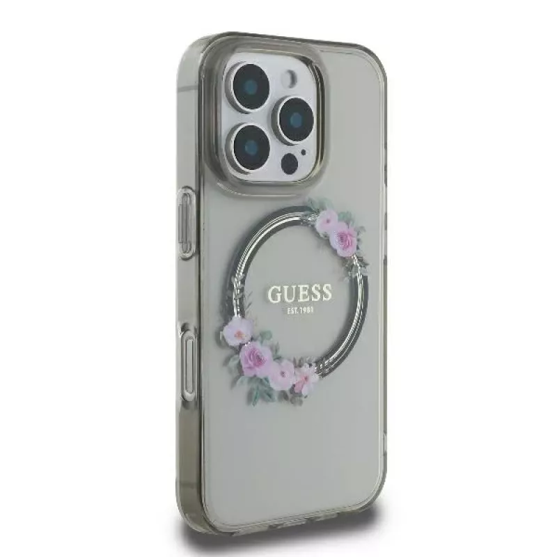 Guess GUHMP16XHFWFCK iPhone 16 Pro Max 6.9 zwarte hardcase IML Flowers Wreath MagSafe