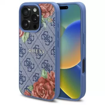Guess GUHMP16LP4ROPEMCB iPhone 16 Pro 6,3 inch blauwe hardcase 4G Flowers Print MagSafe