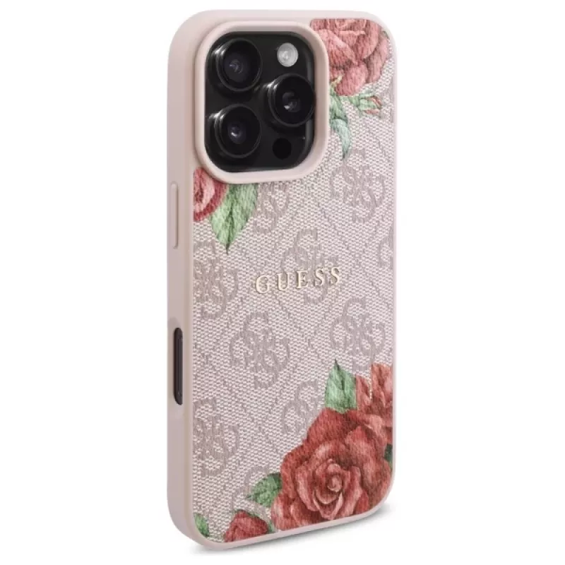 Guess GUHMP16LP4ROPEMCP Hardcase voor iPhone 16 Pro 6,3 inch roze 4G Flowers Print MagSafe