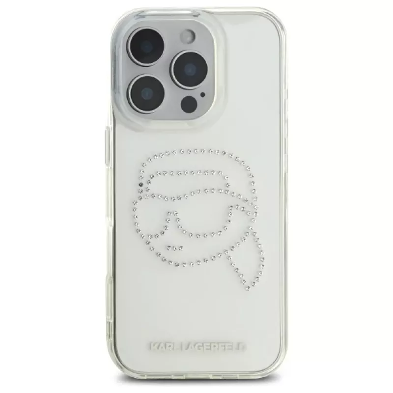 Karl Lagerfeld IML Rhinestones Karl Head Back Cover voor iPhone 16 Pro Max (transparant)