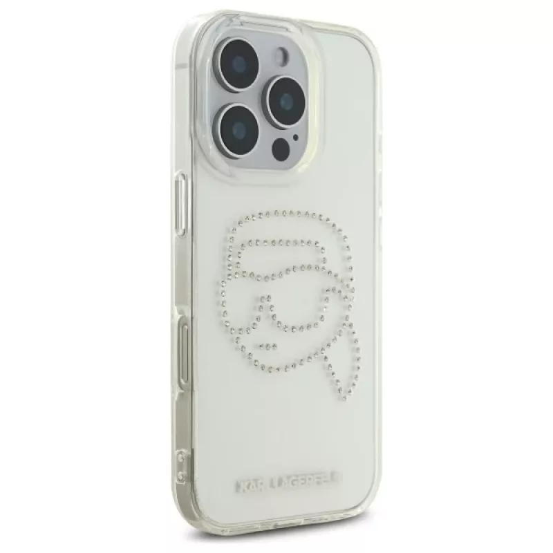 Karl Lagerfeld IML Rhinestones Karl Head Back Cover voor iPhone 16 Pro Max (transparant)