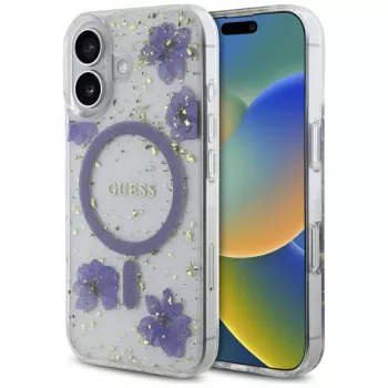 Guess Resin Flowers Glitter MagSafe Case voor iPhone 16 paars