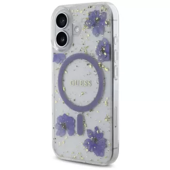 Guess Resin Flowers Glitter MagSafe Case voor iPhone 16 paars