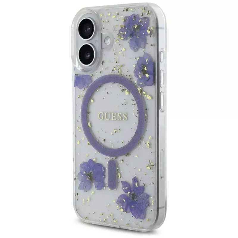 Guess Resin Flowers Glitter MagSafe Case voor iPhone 16 paars