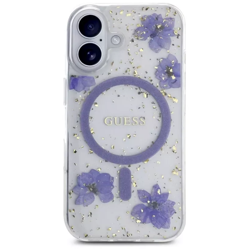 Guess Resin Flowers Glitter MagSafe Case voor iPhone 16 paars