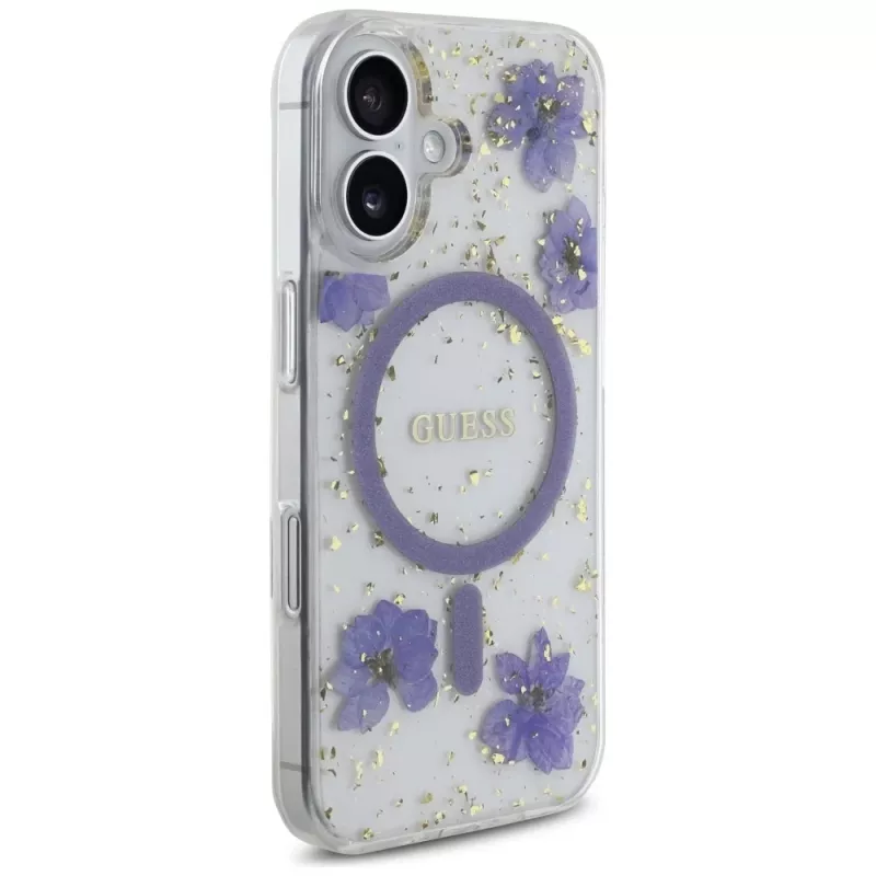 Guess Resin Flowers Glitter MagSafe Case voor iPhone 16 paars