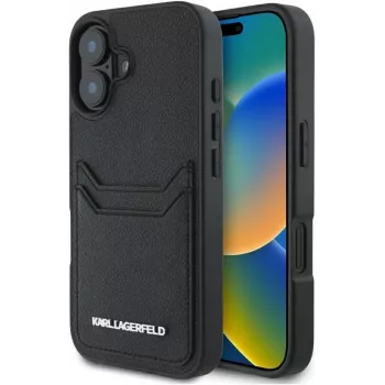 Karl Lagerfeld HC Grained PU Card Slot Metal Elongated Case voor iPhone 16, zwart