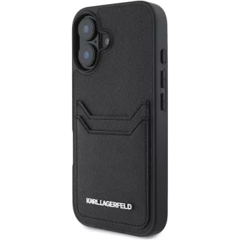 Karl Lagerfeld HC Grained PU Card Slot Metal Elongated Case voor iPhone 16, zwart