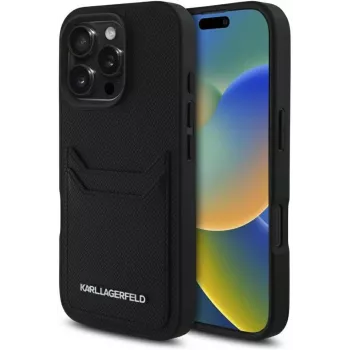 KARL LAGERFELD HC Grained PU Card Slot Metal Elongated Case voor iPhone 16 Pro zwart