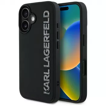 KARL LAGERFELD HC 3D Rubber Elongated Glitter Case voor iPhone 16, zwart