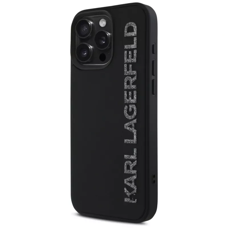KARL LAGERFELD HC 3D Rubber Elongated Glitter Case voor Apple iPhone 16 Pro, zwart